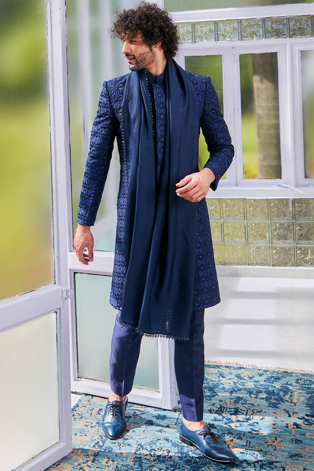 SVA | Menswear Blue Sherwani Jacket with Self Geo Embroidery