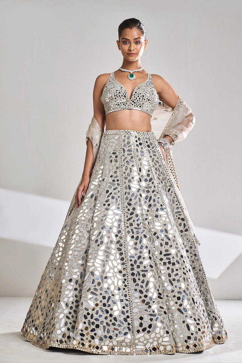 Muted Champagne and Silver Mirror Silk Lehenga Set