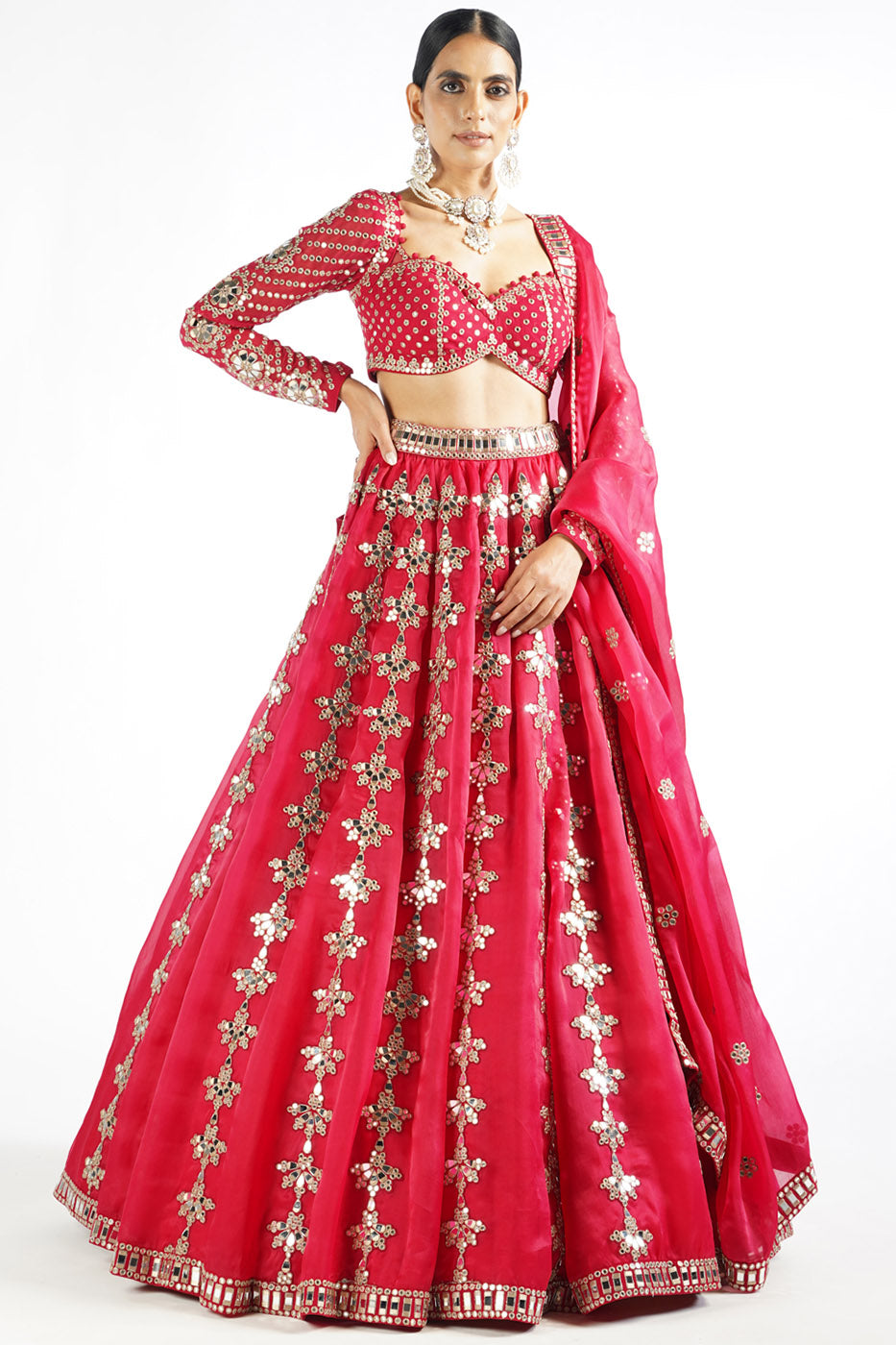 Vvani by Vani Vats | Crimson Red Chandelier Drop Lehenga Set