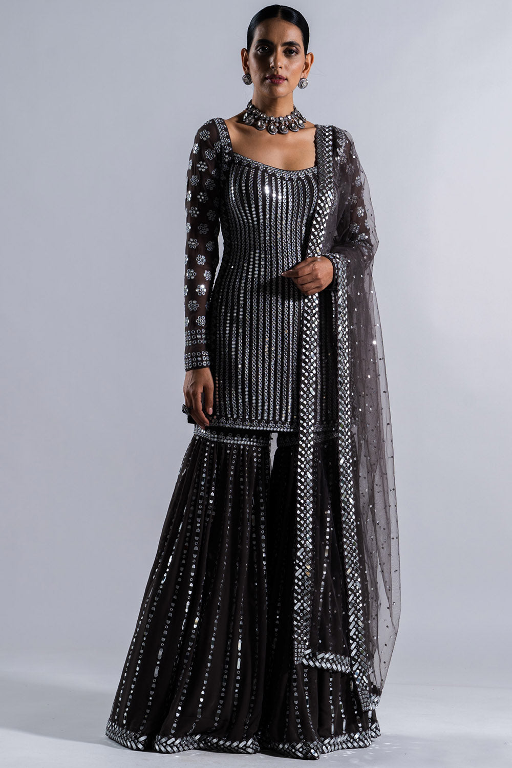 Ultimate gray embellished cape and sharara set