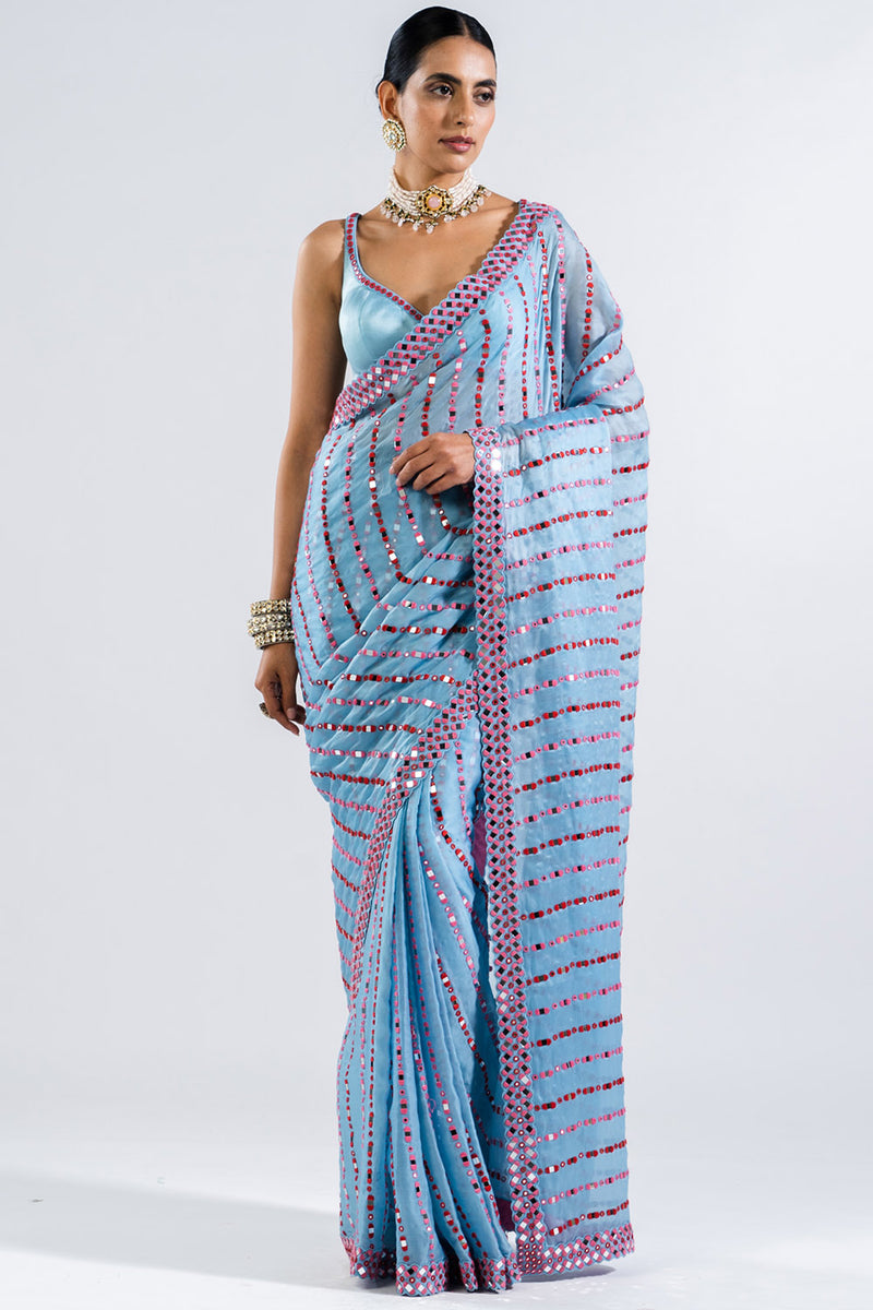 White and Mystic Blue Cotton Saree - No Plastic Shop