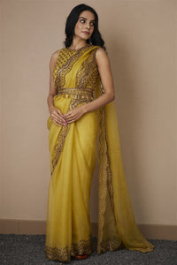 Yellow Organza Sequence and Beads Saree Set