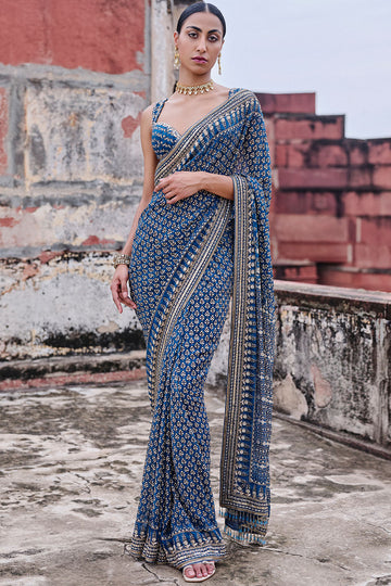 Arvia Printed Georgette Saree - Blue