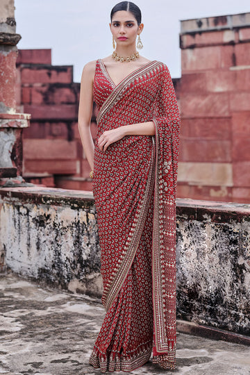 Arvia Printed Georgette Saree - Red