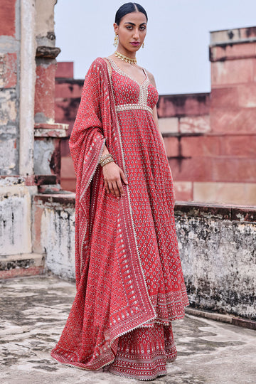 Arvia Printed Mul Anarkali Set - Red