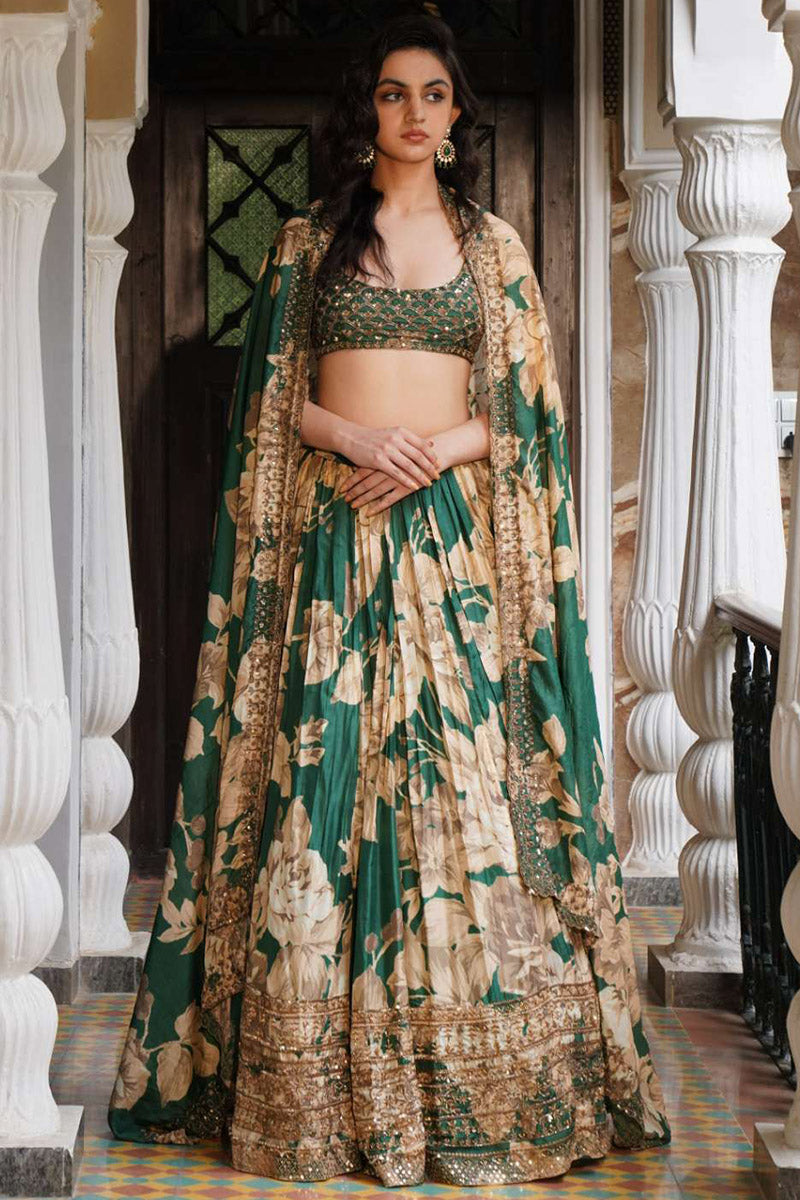 Bottle Green Floral Lehenga Set