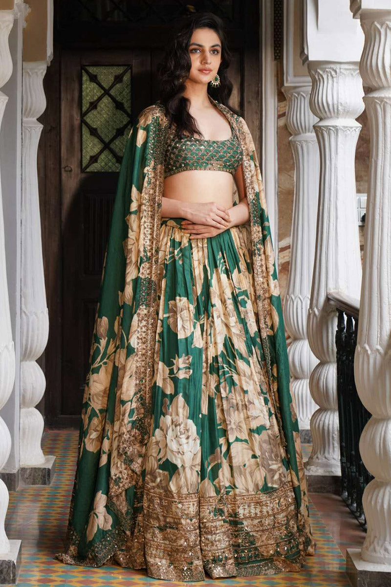 Bottle Green Floral Lehenga Set