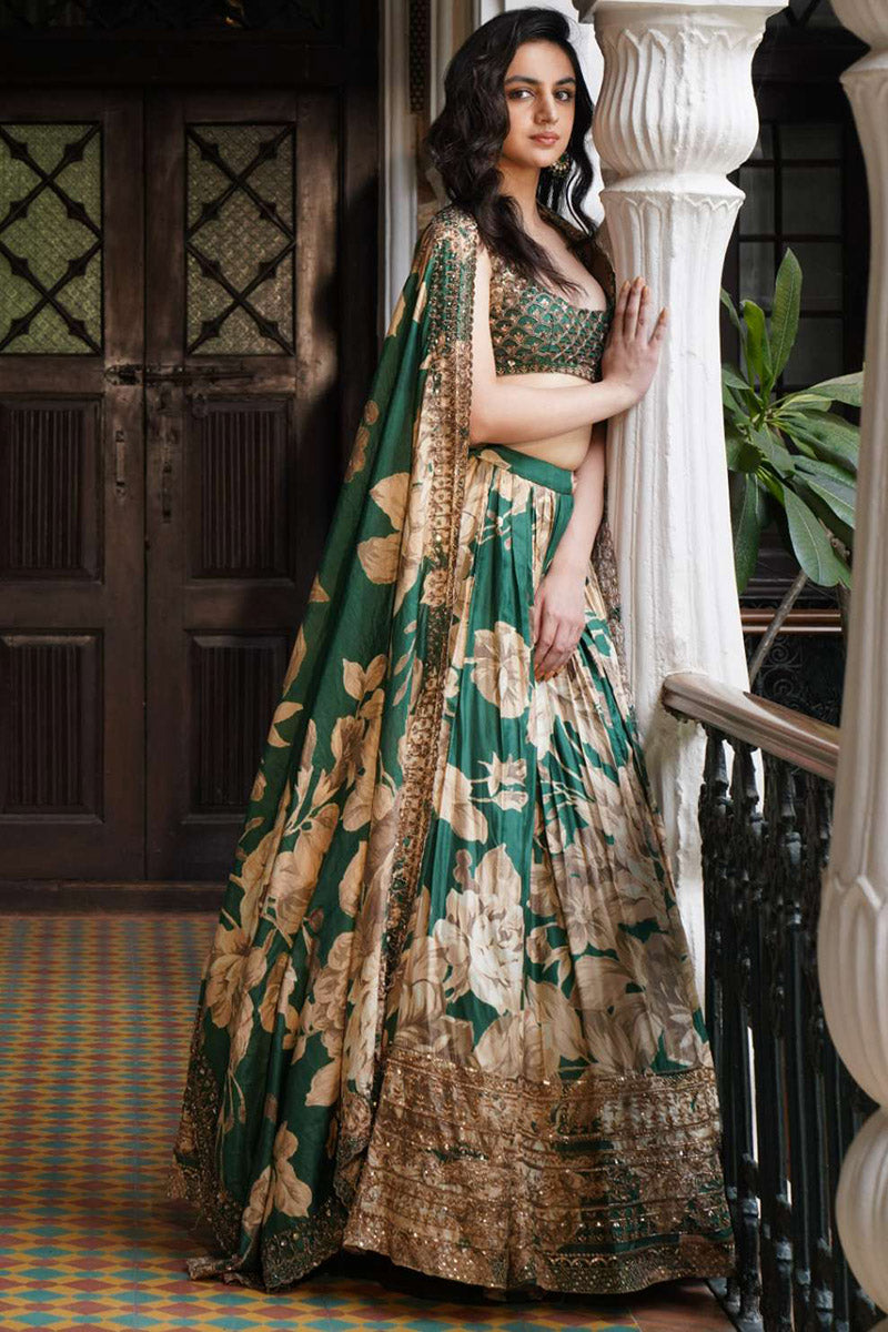 Bottle Green Floral Lehenga Set