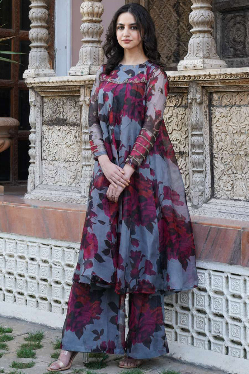 Light Grey Floral A Line Kurti Set