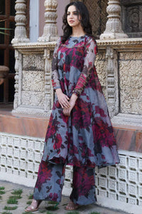 Light Grey Floral A Line Kurti Set