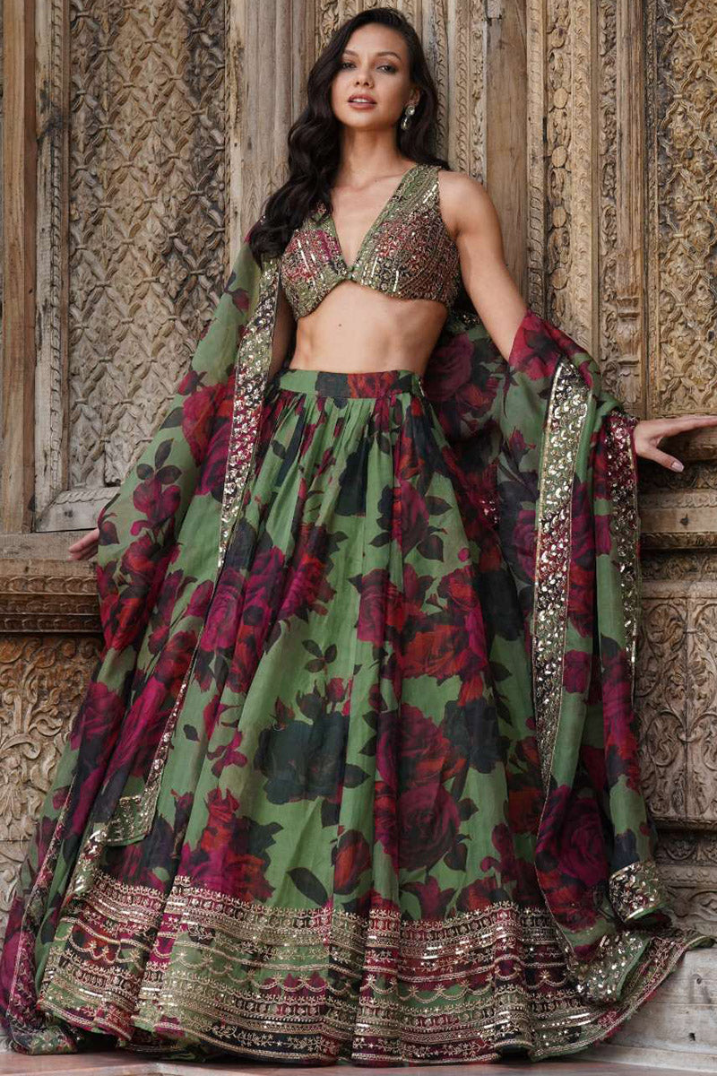 Mehendi Green Floral Lehenga Set