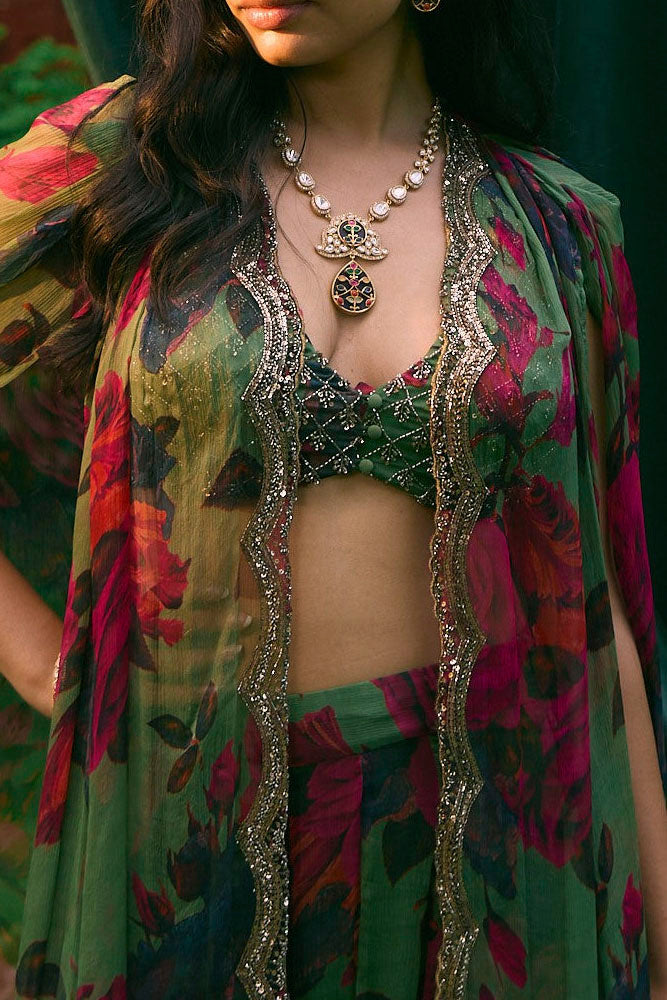 Mehendi Green Chiffon Pant And Cape Set