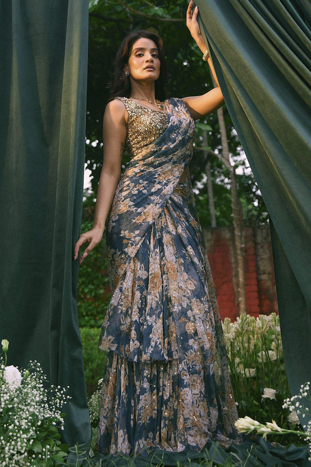 Teal Blue Chiffon Floral Frill Saree