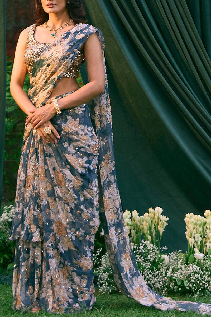 Teal Blue Chiffon Floral Frill Saree