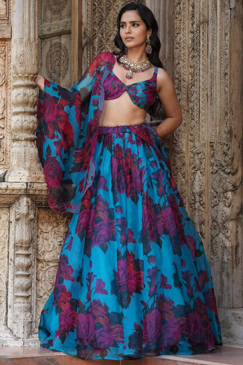 Turquoise Floral Lehenga Set