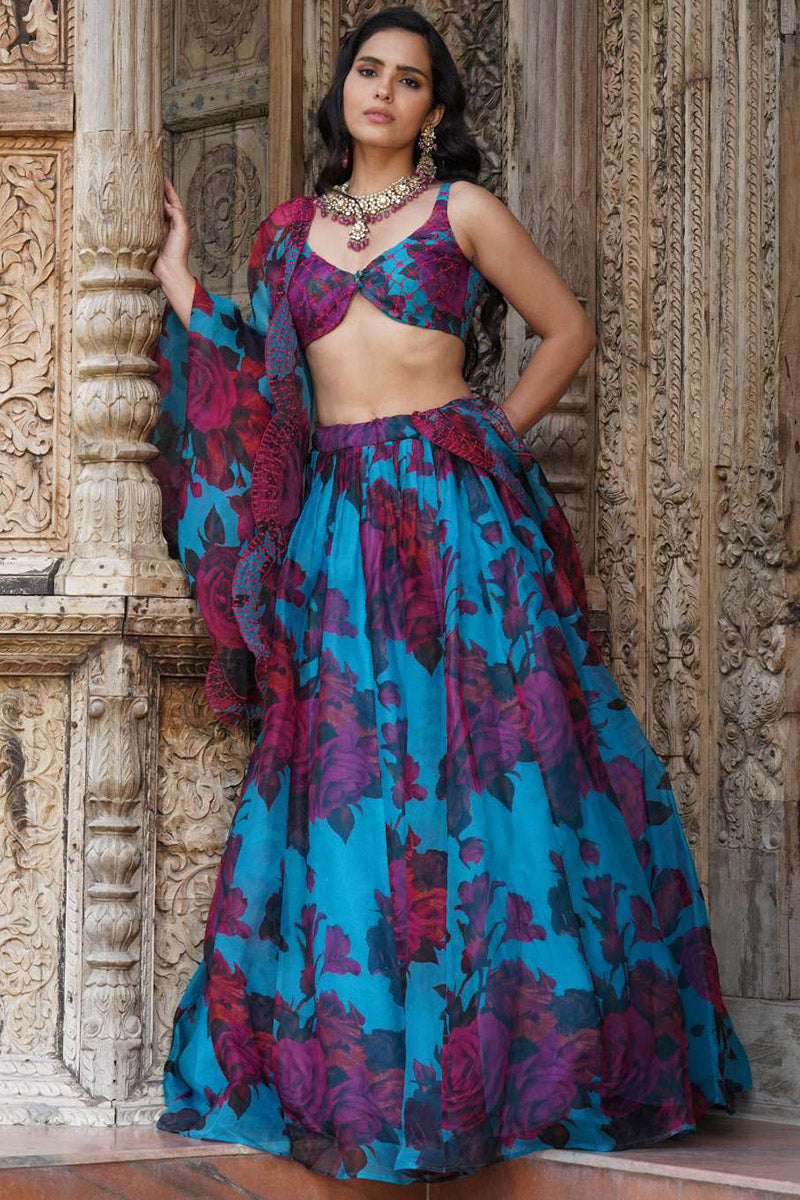 Turquoise Floral Lehenga Set