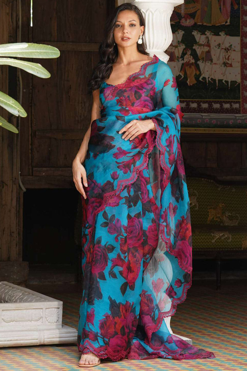 Turquoise Floral Saree Set