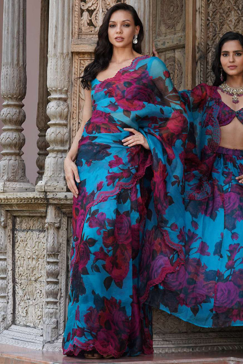 Turquoise Floral Saree Set