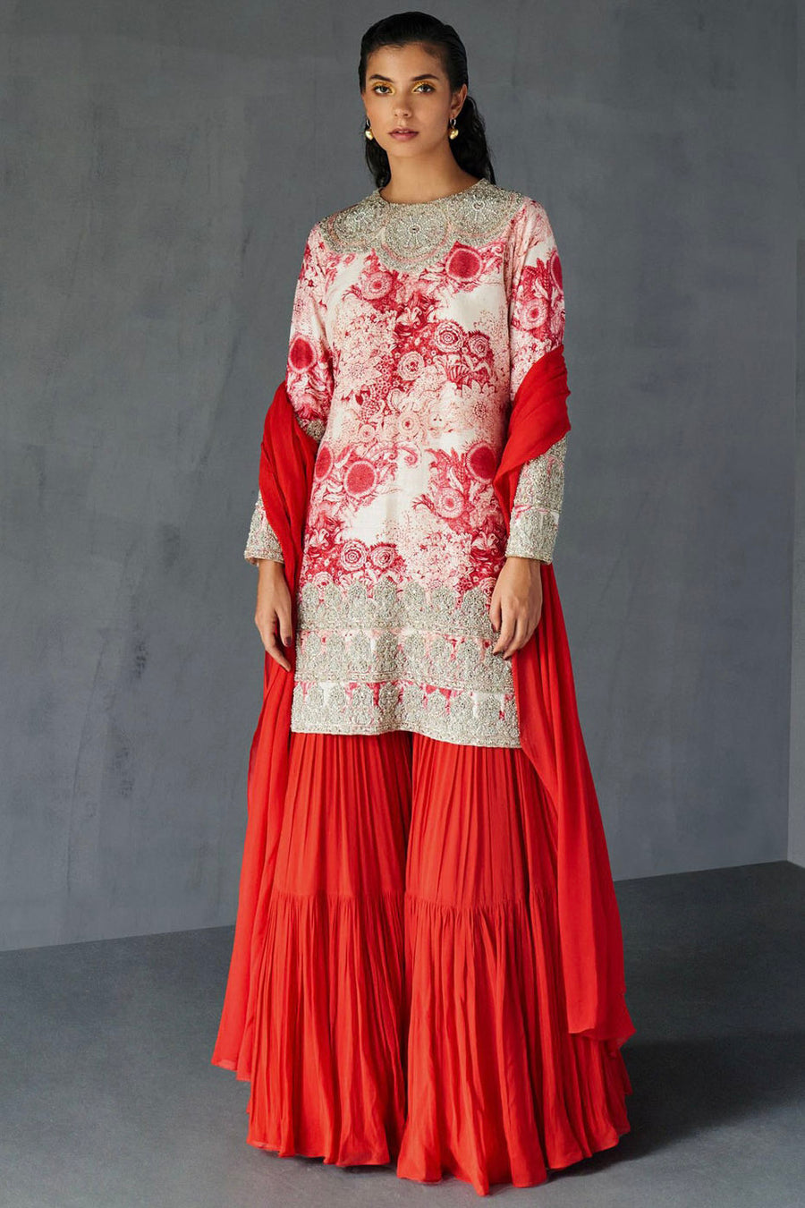 Champagne Red Blossom Kurta Sharara Set