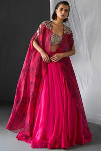 Fuchsia & Black Blossom Cape Lehenga Set