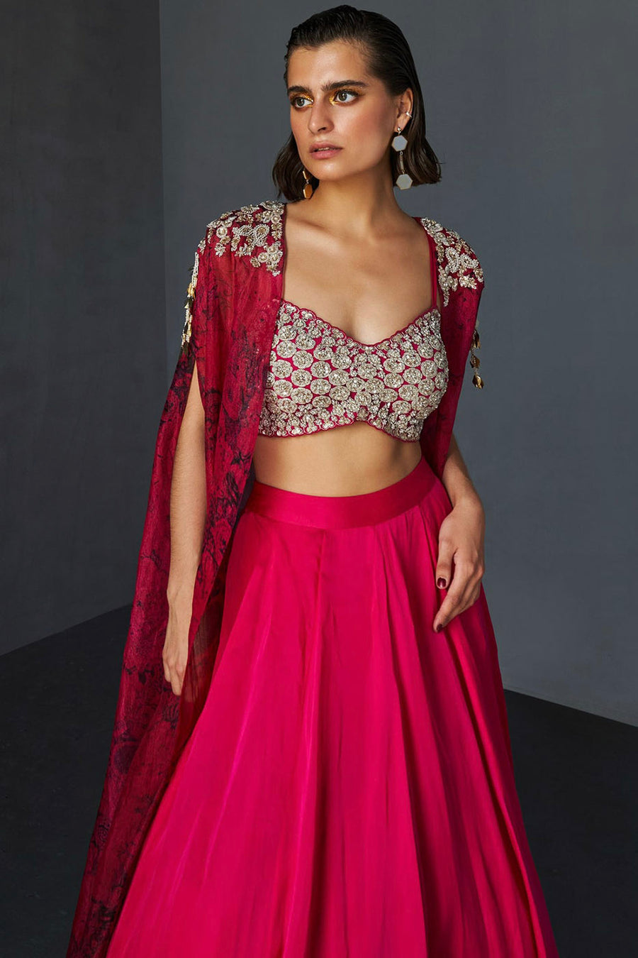 Fuchsia & Black Blossom Cape Lehenga Set