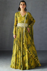 Mustard & Black V-Neck Belted Anarkali