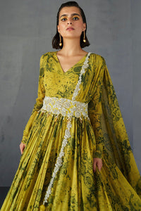 Mustard & Black V-Neck Belted Anarkali