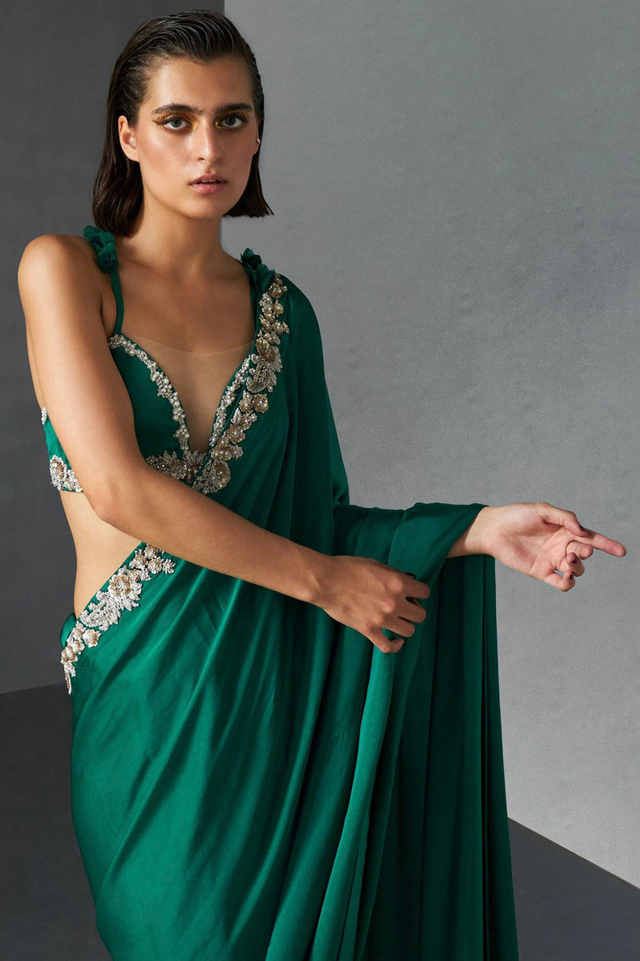 Teal Green Bustier & Saree