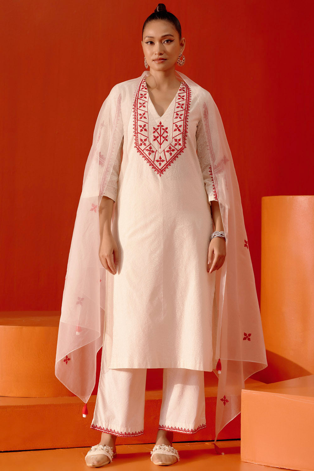 Ivory and Red Embroidered Kurta Set