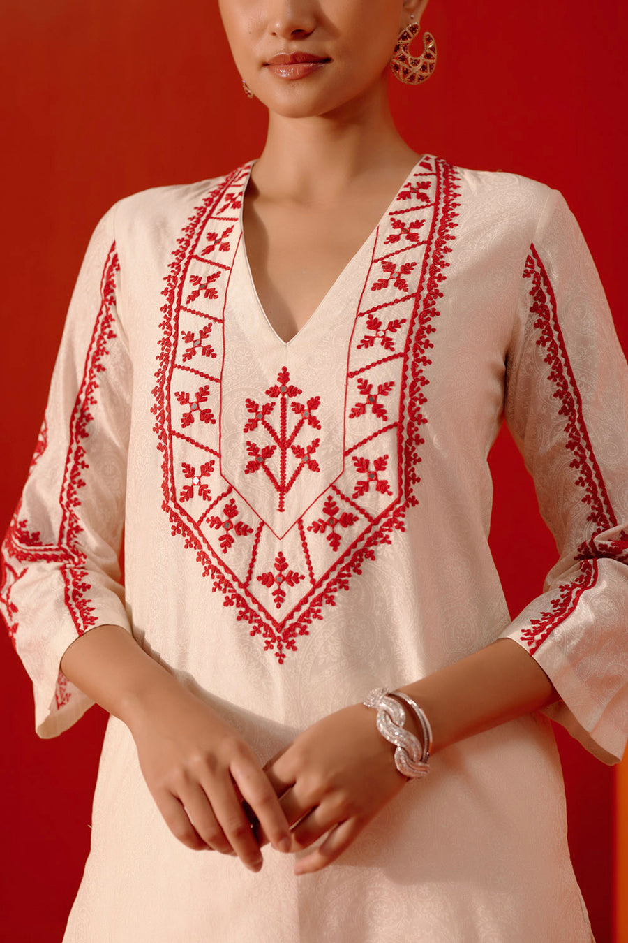 Ivory and Red Embroidered Kurta Set