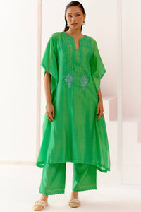 Green Silk Chanderi Embroidered Kaftan Set