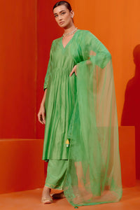 Green Silk Chanderi Patra Kurta Set