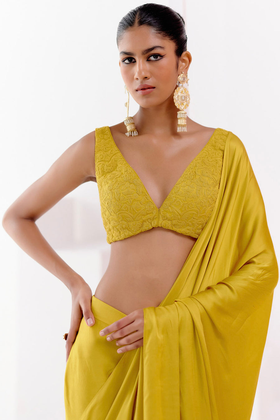 Mustard Satin Pre Draped Saree