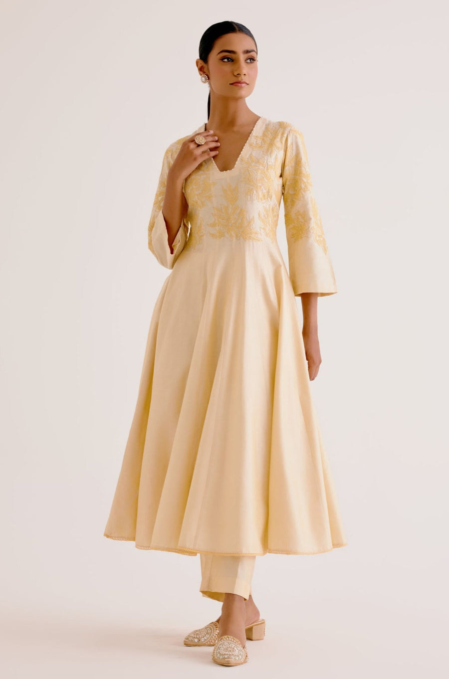 Lemon Yellow Cotton Silk Anarkali Set