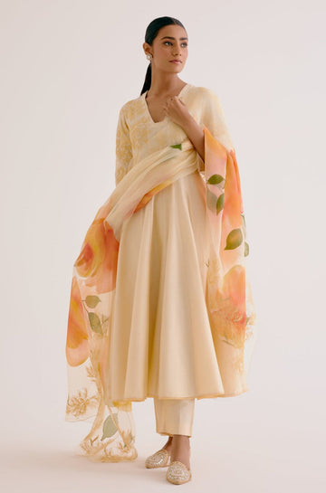 Lemon Yellow Cotton Silk Anarkali Set