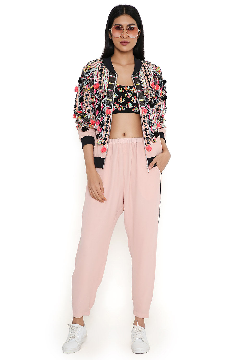 Rose Pink Embroidered Bomber With Bustier Joggers