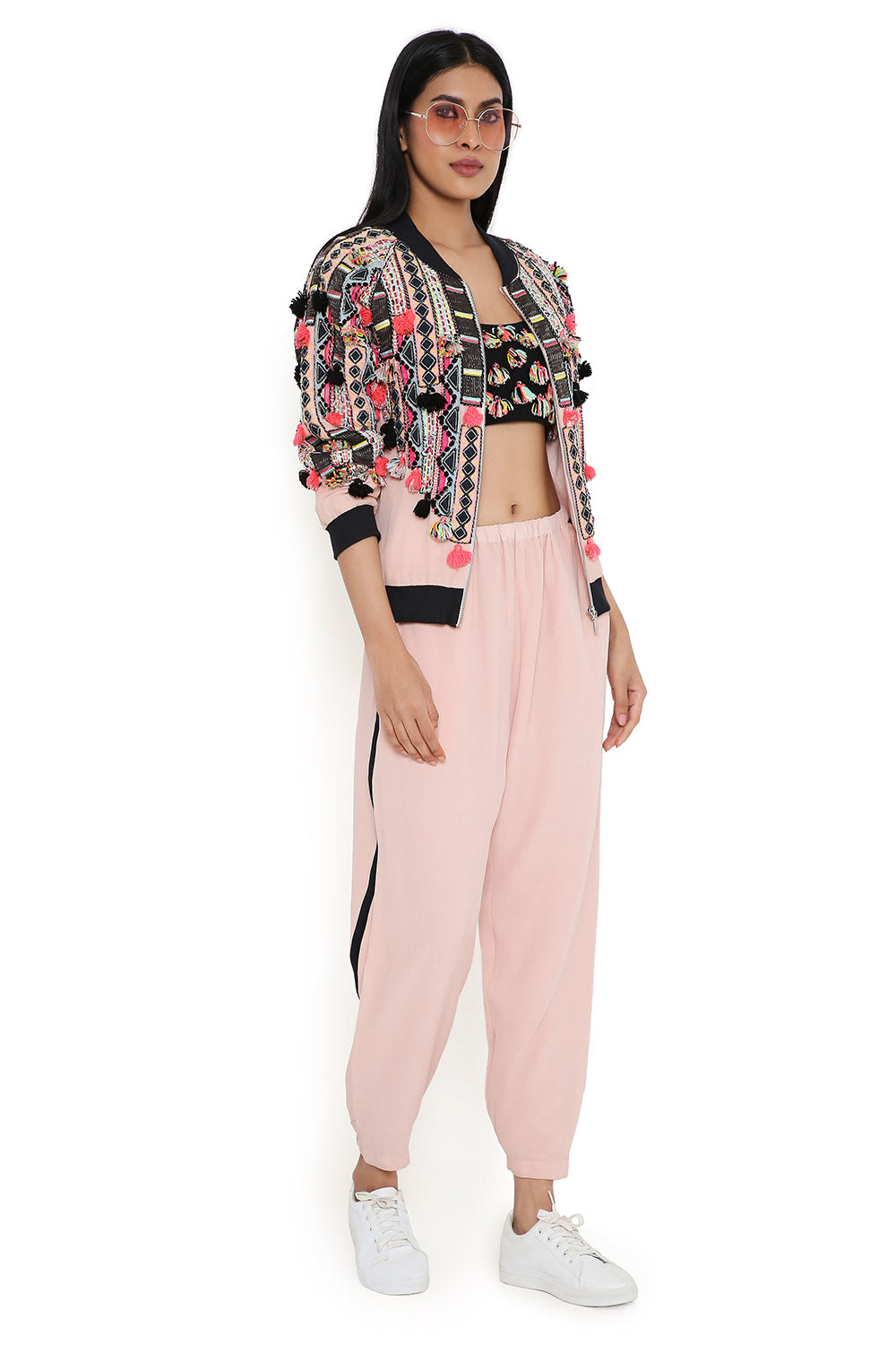 Rose Pink Embroidered Bomber With Bustier Joggers