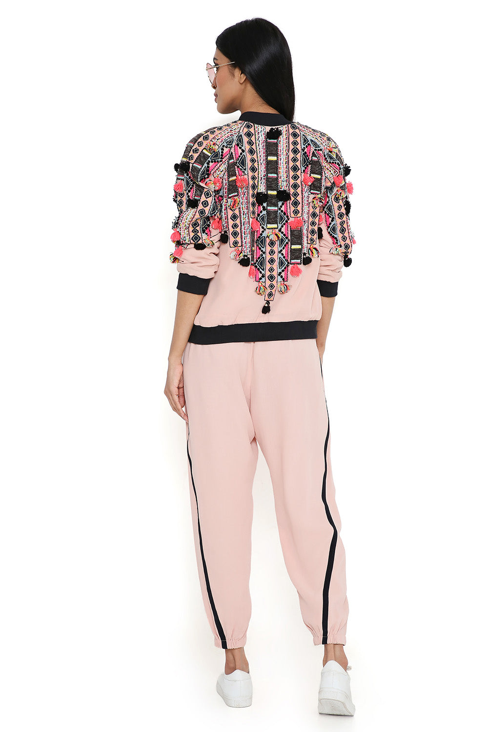 Rose Pink Embroidered Bomber With Bustier Joggers