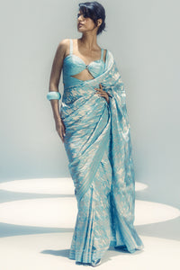Open Border Powder Blue Houndstooth Saree