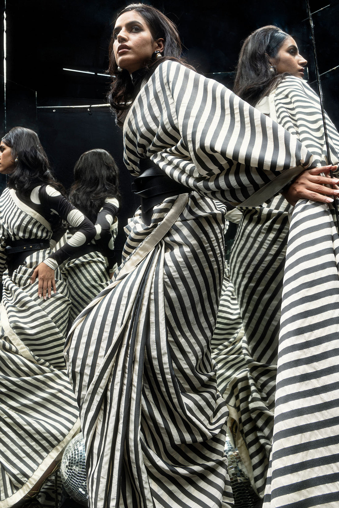 Open Border Black Nautical Stripe Saree