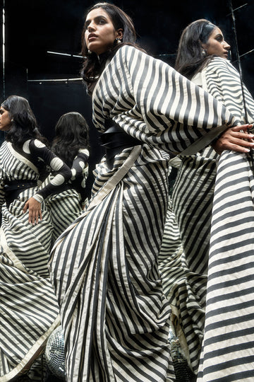 Open Border Black Nautical Stripe Saree