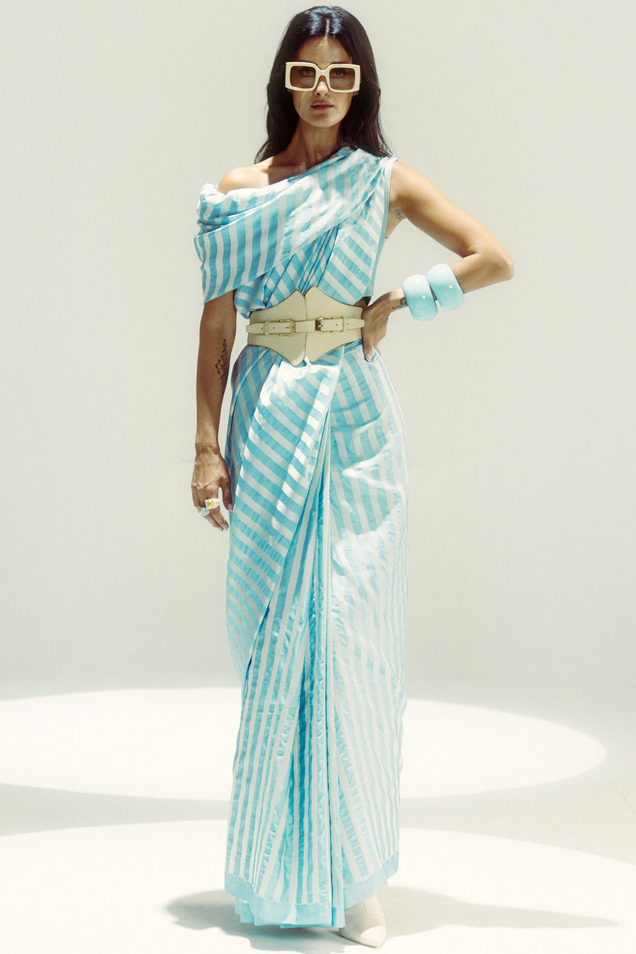 Closed Border Powder Blue Vanilla Stripe Saree