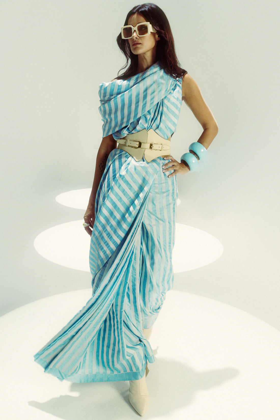 Closed Border Powder Blue Vanilla Stripe Saree