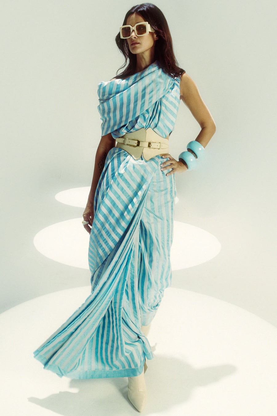 Closed Border Powder Blue Vanilla Stripe Saree