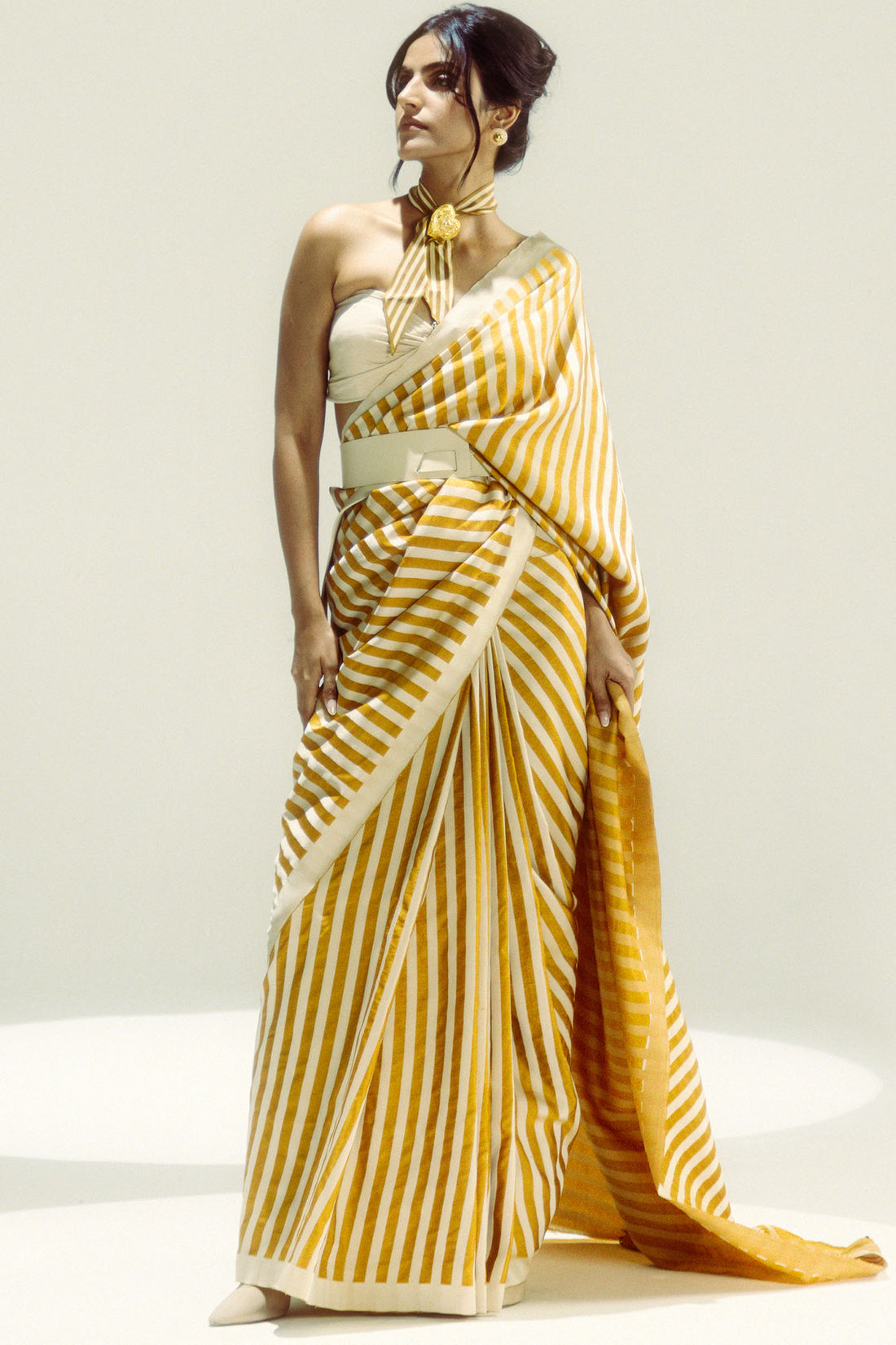 Closed Border Ochre Vanilla Stripe Saree