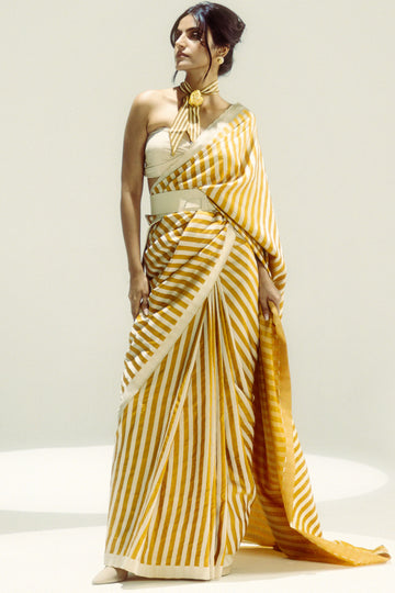 Closed Border Ochre Vanilla Stripe Saree