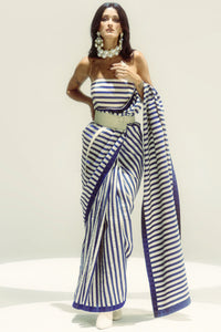 Closed Border Navy Nautical Stripe Saree
