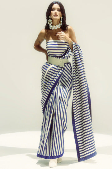 Closed Border Navy Nautical Stripe Saree