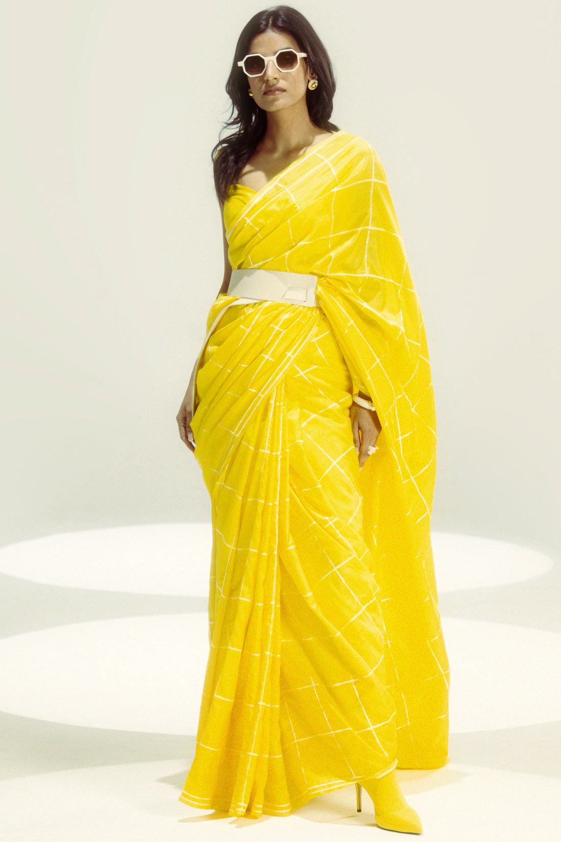 Yellow Windowpane Check Saree