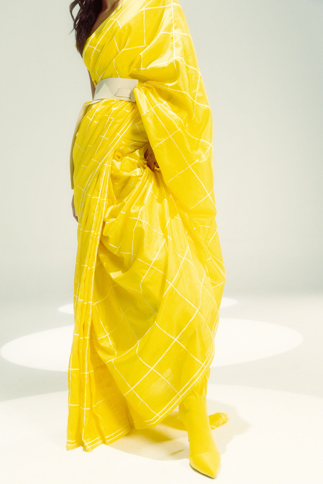 Yellow Windowpane Check Saree